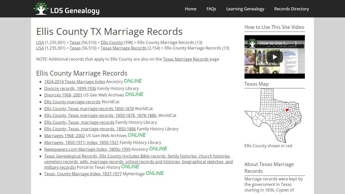 Ellis County TX Marriage Records - LDS Genealogy