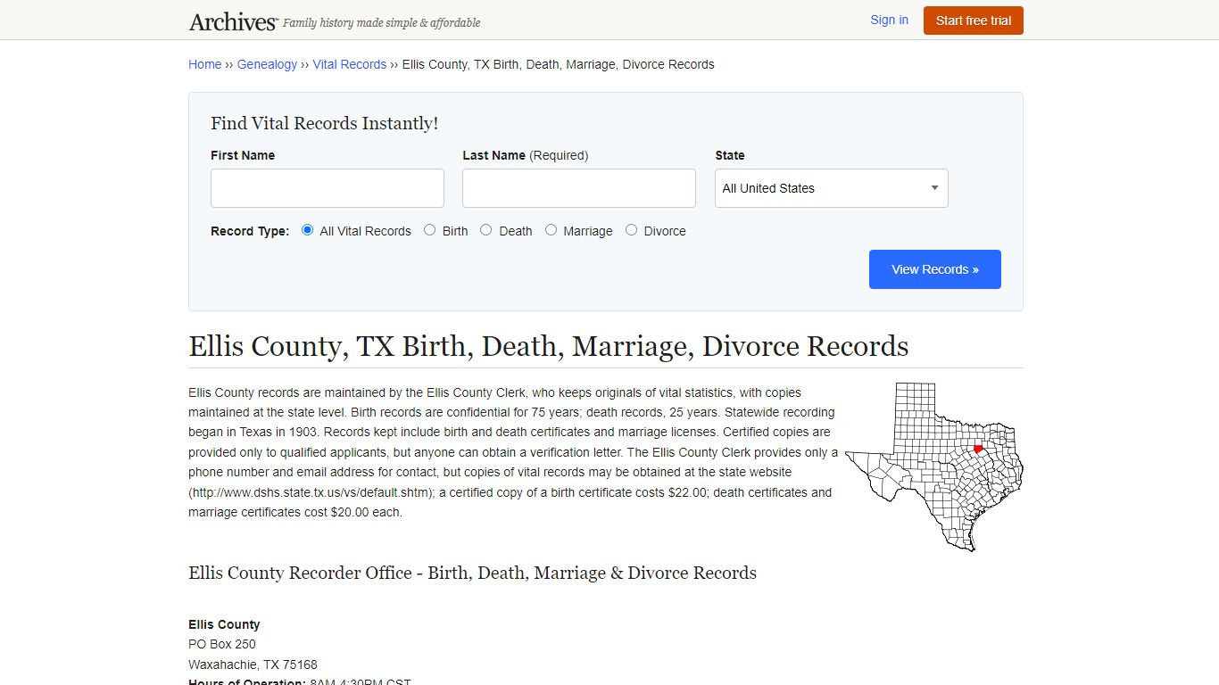 Ellis County, TX Birth, Death, Marriage, Divorce Records - Archives.com